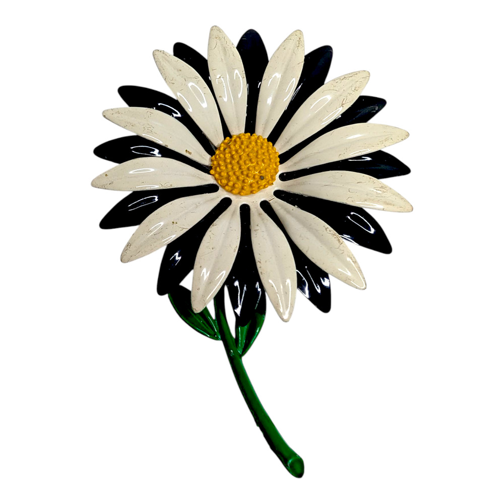 Mid Century Black‎ White Yellow Enamel Daisy Brooch Pin Womens Jewelry Vintage